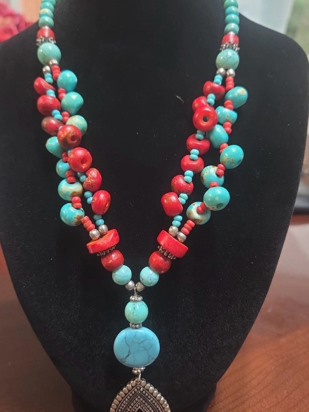 Turquoise & Red Beaded Statement Necklace - 18 inch - Women Jewelry